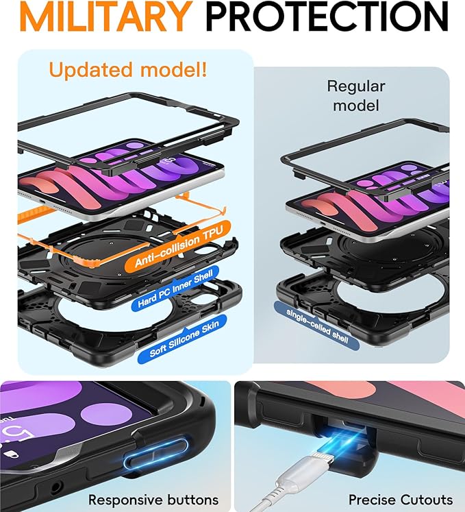 BATYUE Case for iPad mini 7 A17 Pro 2024/iPad Mini 6 2021 8.3 Inch with Pencil Holder 360 Rotating Stand Shoulder Strap Handle Grip Shockproof Rugged Case for iPad mini 7th/6th Gen Black