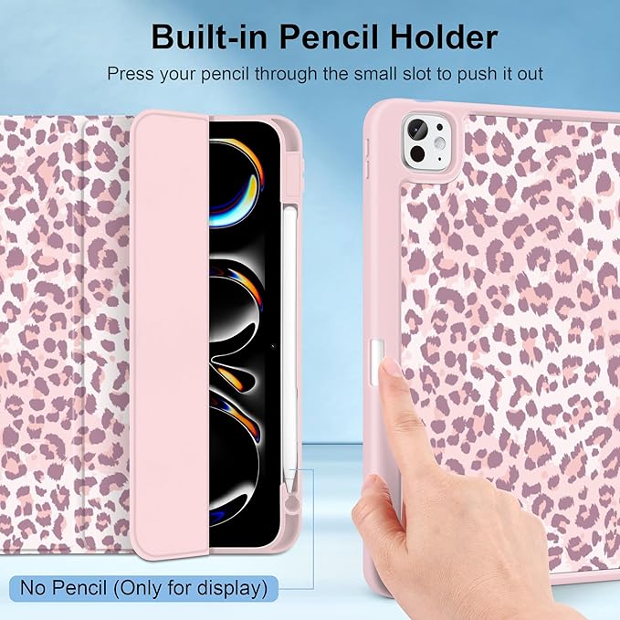 MecBevia Case for iPad Pro 11 inch M5 2025 / M4 2024 (6th/5th Gen) A3357 A3358 A3359 A2836 A2837 A3006 – Built-in Pencil Holder &amp Auto Wake/Sleep Leopard Print