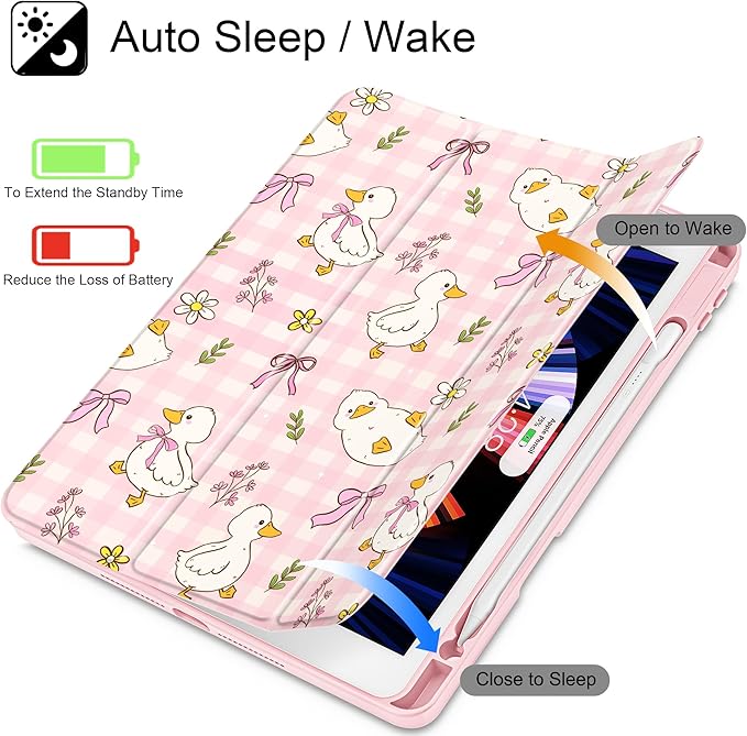 for iPad 9th Generation with Pencil Holder iPad 8th/7th Gen Case 10.2-inch [Built in Pencil Holder] Trifold Stand Auto Wake/Sleep Clear TPU Protection Back Cover Duck &amp Bow
