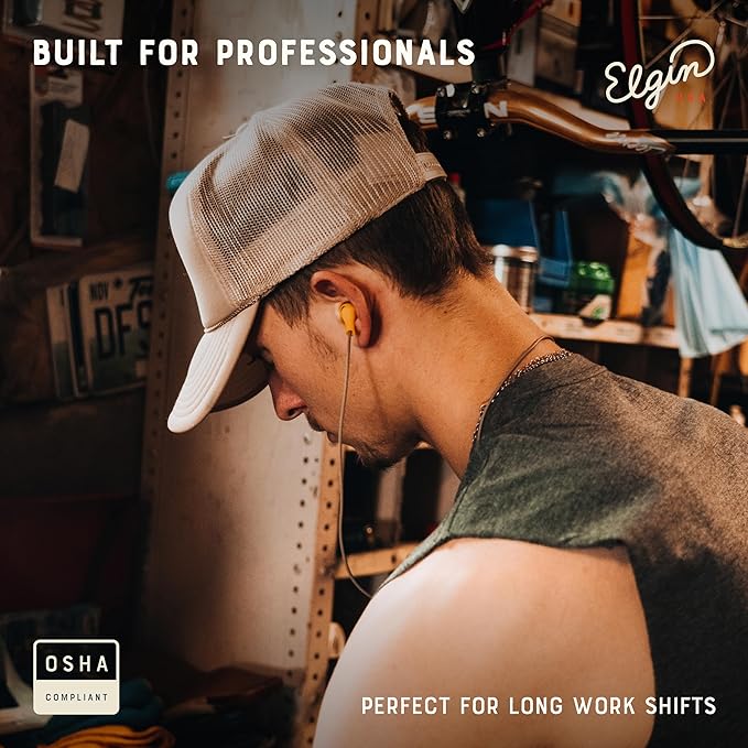 Elgin Ruckus Wireless Bluetooth Earplug Headphones 25 dB Noise Reduction Ear Plug Earbuds Noise Cancelling Mic 12 Hour Battery IP65 sweatproof OSHA Compliant Hearing Protection Work Safety