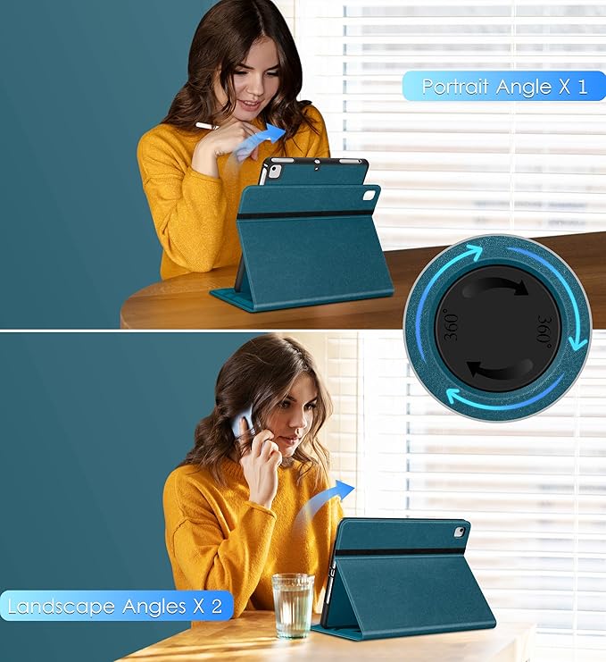 DTTO Rotating Case for iPad 6th / 5th Generation 9.7 Inch 2018/2017 iPad Air 2 / Air 1 Case 360 Degree Swiveling Premium Leather Folio Stand Cover with Pencil Holder - Auto Wake/Sleep Light Blue
