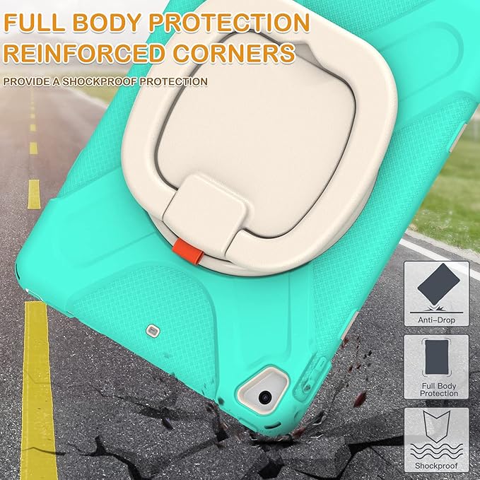 BRAECN Silicone Case for 9.7 Inch iPad 6th/5th Generation Full-Body Protective Case with 360° Rotating&amp180 ° Folding Hand GripPencil Holder Kickstand Shoulder Strap for iPad 6th/5th Gen-Mint G