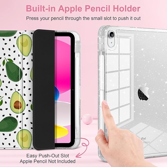 MEEgoodo Case for iPad A16 11th Generation 2025/10th Generation 2022 Glitter Tablet Cases with Transparent Acrylic Back+Trifold Stand +Pencil Holder+Auto Wake/SleepAvocado