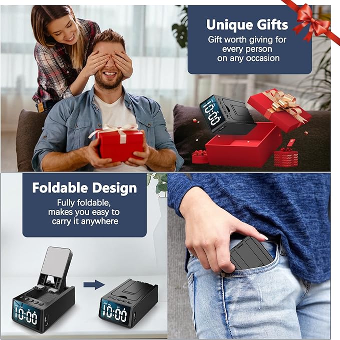 Cell Phone Stand with Wireless Bluetooth Speaker &amp Alarm Clock 3 in 1 Adjustable Holder with Anti-Slip Base Fits All Phones Tablets Unique Tech Gifts for Men/Women Dad Mom Husband Wife (Blac