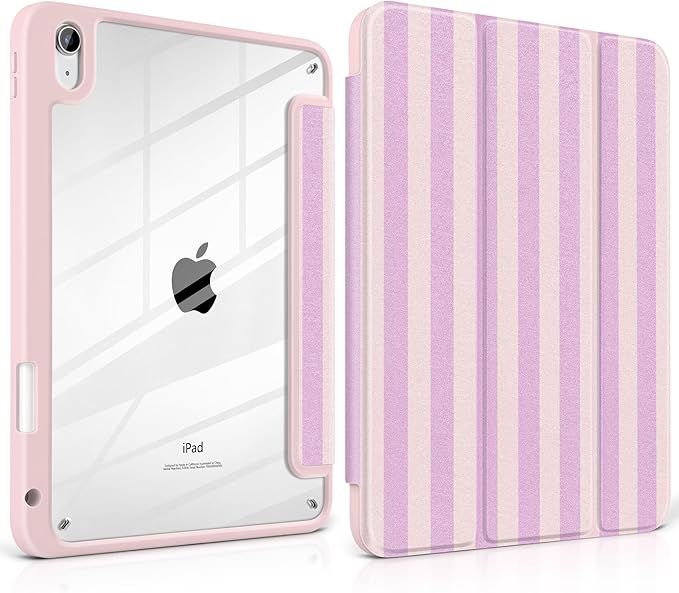 DONGKE Case for iPad (A16) 11th Generation 11 inch 2025 &amp iPad 10th Gen 10.9 inch 2022 [Built-in Pencil Holder] Clear Acrylic Back Trifold Stand Smart Cover Auto Sleep/Wake Pink Stripes