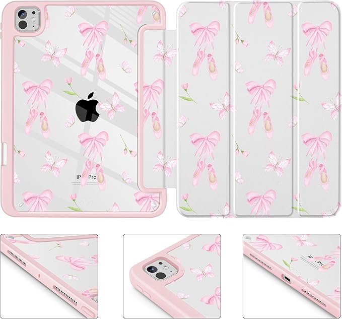 May Chen Case for iPad Pro 11-Inch M5/M4 2025/2024 (6th/5th Generation) [Penceil Holder] Trifold Stand Auto Wake/Sleep Clear TPU Protection Back Cover Ballet Shoes