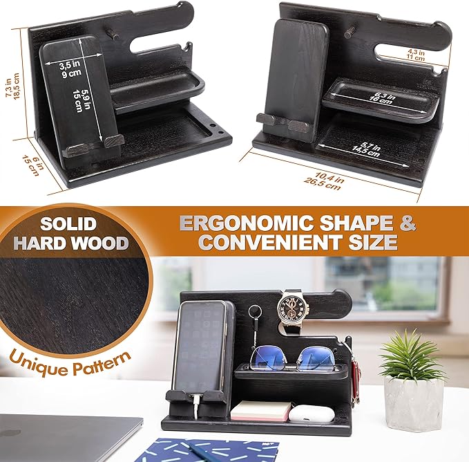 TESLYAR Wood Phone Docking Station for Men - Desk or Nightstand Organizer - Birthday Gifts for Husband Dad - Anniversary Idea from Wife - Key Holder Stand Wallet Watch &amp Essentials (Granite Bla