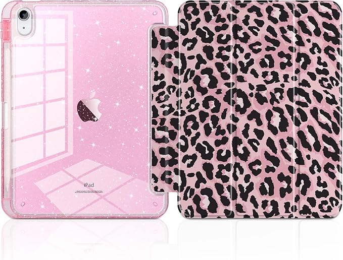 TWOLSKOO Sparkly Case for iPad Pro 11 inch (M5 2025 / M4 2024) Glitter Hard Acrylic Back with Pencil Holder Slim Trifold Stand Folio Cover Auto Sleep/Wake Pink Leopard