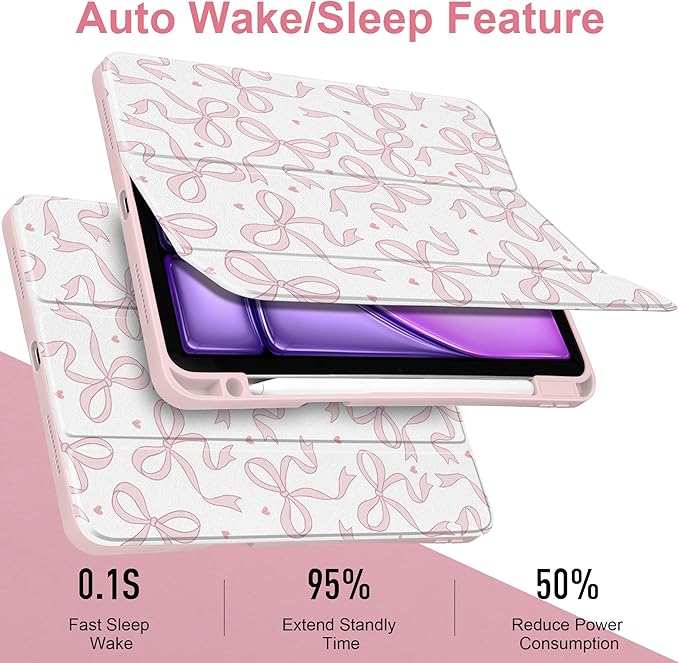 TWOLSKOO Case for iPad Air 11-inch (M4 2026 / M3 2025 / M2 2024) Clear Acrylic Back with TPU Bumper Pencil Holder Trifold Stand Auto Sleep/Wake Pink Bows