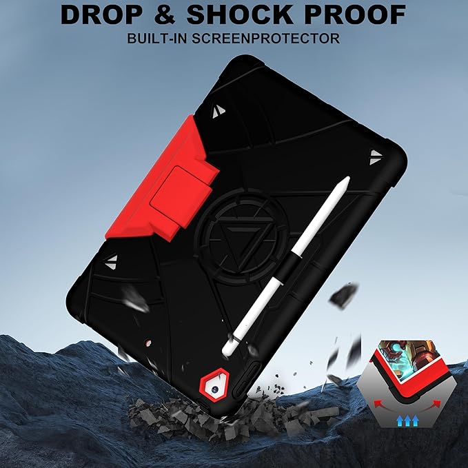 Case for iPad 9th/8th/7th Generation 10.2 inch Heavy Shockproof Cover with Screen Protector/180° Rotating Handle/Bracket/Pen Holder/Shoulder Strap Kids Case for 2021/2020/2019 (D-Black+Red)