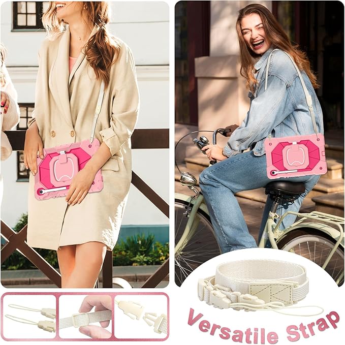 Case for Samsung Galaxy Tab S10 Lite/S10 FE/S9 FE 10.9 Inch Samsung Tab S9 11 Inch Rugged Galaxy S10 Tablet Cover with Pen Holder 360 Rotating Stand Shoulder Strap Screen Protector Rosegold