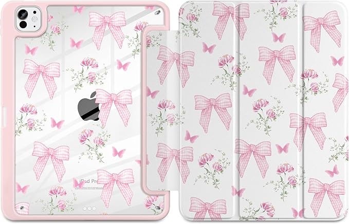 TWOLSKOO Case for iPad Pro 11-inch (M5 2025 / M4 2024) Clear Acrylic Back with TPU Bumper Pencil Holder Trifold Stand Auto Sleep/Wake Pink Gingham Bows
