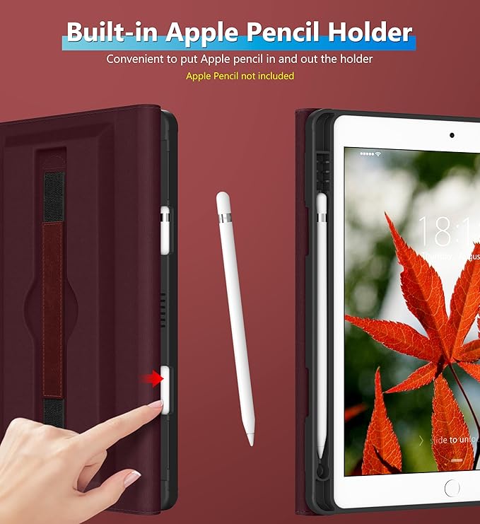 DTTO Rotating Case for iPad 9th/8th/7th Generation 10.2 Inch 2021/2020/2019 360 Degree Swiveling Premium Leather Folio Stand Cover with Pencil Holder - Auto Wake/Sleep and Hand Strap Burgundy Red