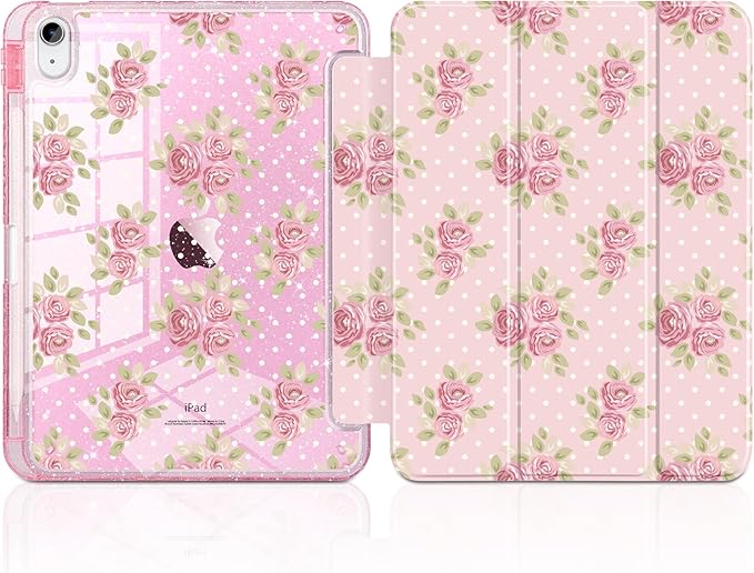 MEEgoodo Case for iPad A16 11th Generation 2025/10th Generation 2022 Glitter Tablet Cases with Transparent Acrylic Back+Trifold Stand +Pencil Holder+Auto Wake/SleepVintage Chic Floral