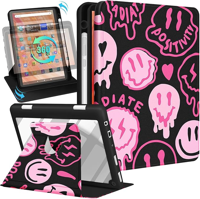 Kidcube for Kindle Fire HD 10/10 Plus Tablet Case - 13th/11th Generation (2023/2021) 10.1 Women Girls Teen Cute Fun Cool Design Rotating Stand Pencil Holder Folio Cases for Amazon Fire HD 10/10 Plus