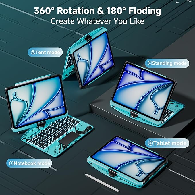 Transparent Keyboard Case for iPad Air 11 (M3 2025/M2 2024) Air 5th/4th Gen 10.9 &amp iPad Pro 11 (4th-1st) - Multi-Touch Trackpad 360° Rotating Stand 7-Color Backlit Pencil HolderBlue