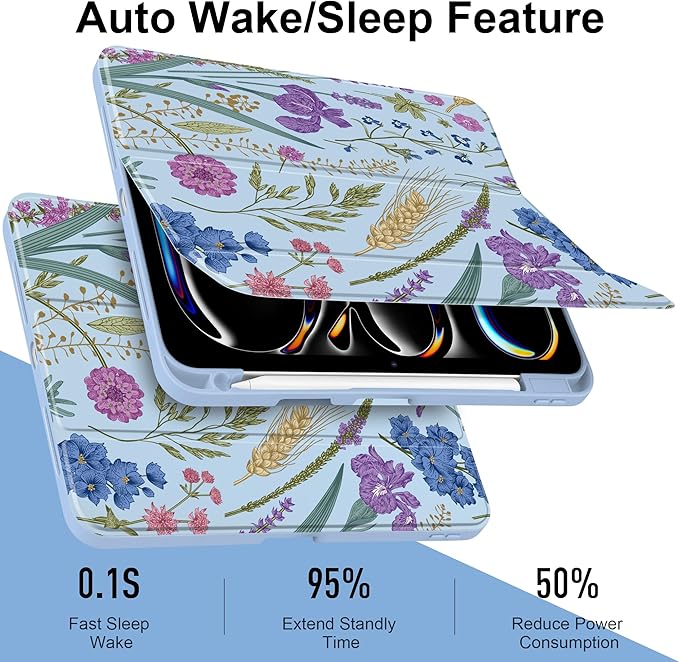 DONGKE for iPad Pro 11-Inch Case (M5 2025 / M4 2024) 6th/5th Generation [Auto Sleep/Wake &amp Pencil Pro Holder] Clear Acrylic Back Smart Trifold Stand Cover Blue Botanical Wildflower