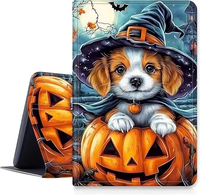 Case for Amazon Fire HD 8/ HD 8 Plus Tablet (12th/10th Generation 2024/2022/2020) PU Leather Smart Protective Cover with Auto Sleep/Wake for Fire HD 8 2024/2022Dog Wearing Witch Hat Pumpkin