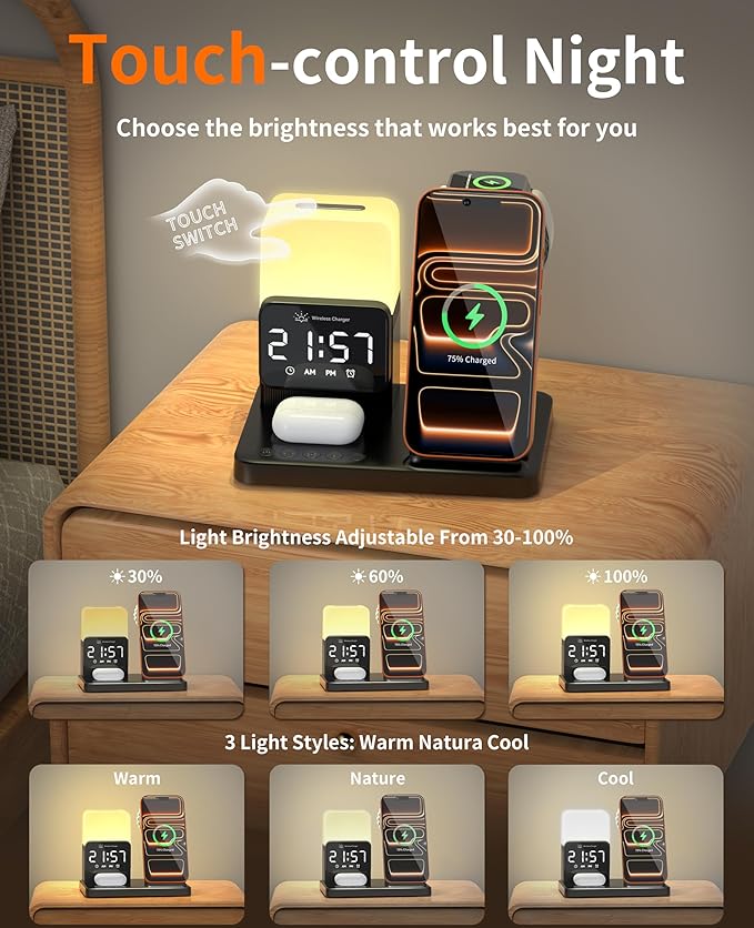 6-in-1 Wireless Charging Station Charger Stand for Apple Multiple Devices for iPhone 17 16 15 14 13 12 Pro Max Watch Airpods Wireless Charger iPhone Charging Station with Night Light/Alarm Clock
