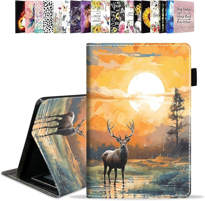 Case for All-New Amazon Kindle Fire HD 10 &amp 10 Plus Tablet 10.1 (13th/11th Generation 2023/2021 Release) - PU Leather Folio Case with Smart Auto Wake/Sleep Deer at Sunset
