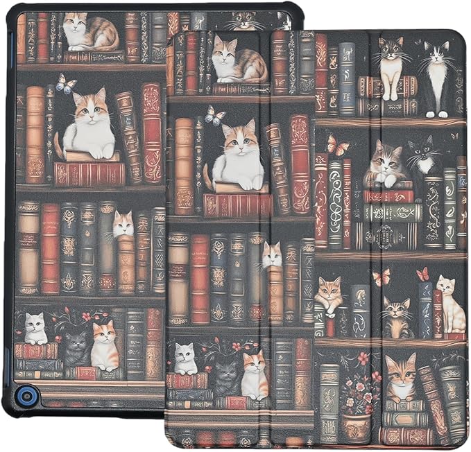 Case Fits New Amazon Fire HD 10 Tablet Case(Only Fit 13th Gen 2023 Release) Bookshelf Gifts for Women Trifold Lightweight Hard Shell Stand Cover with Auto Wake/Sleep Cat
