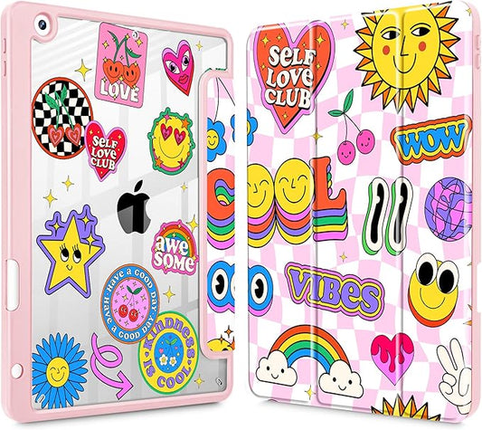 May Chen for iPad 9th Generation with Pencil Holder iPad 8th/7th Gen Case 10.2-inch [Penceil Holder] Trifold Stand Auto Wake/Sleep Clear TPU Protection Back Cover Groovy
