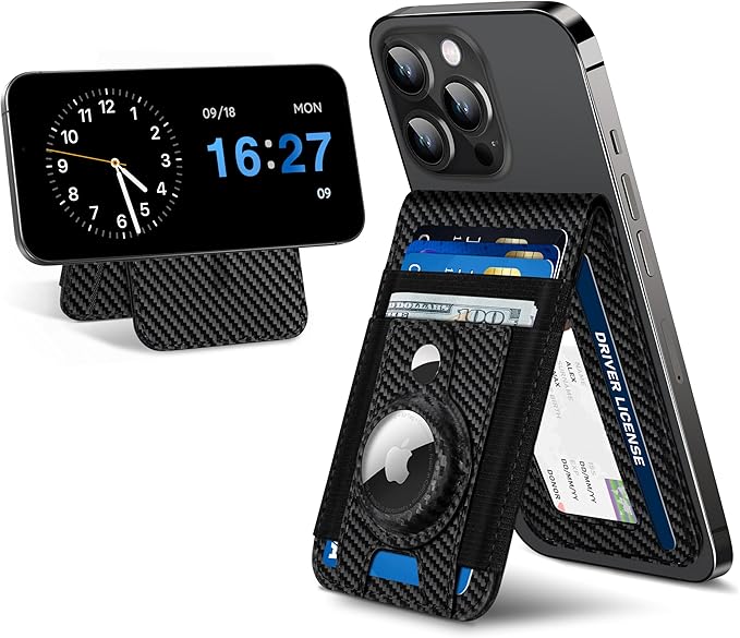 For Magsafe Wallet Stand with Airtag Holder Strongest Magnetic Wallet for iPhone 17/16/15/14/13/12 Series ID Window 4 Card Slots 10 Cards Holder Vegan Leather RFID Blocking Black Carbon Fiber