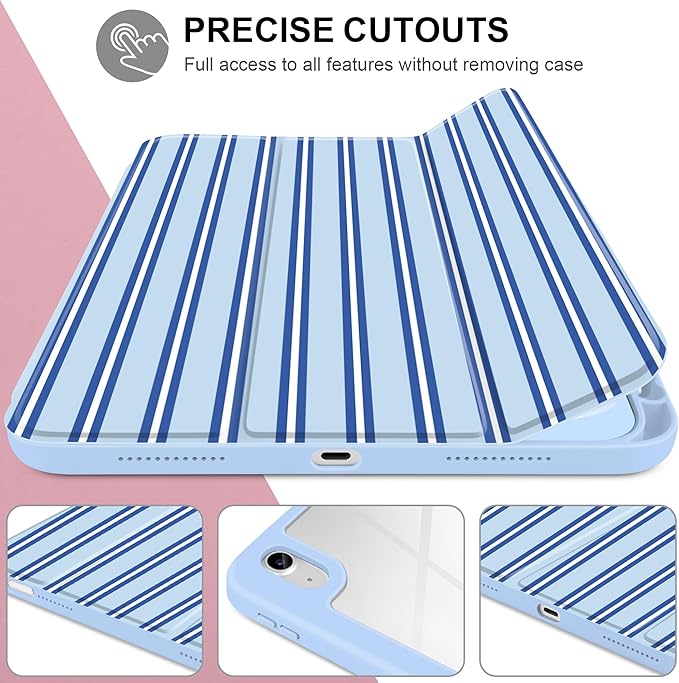 Case for iPad A16 11th Generation 11 inch 2025 iPad 10th Generation 10.9 inch 2022 -[Built-in Pencil Holder] Shockproof Clear Hard Back Trifold Stand Auto Wake/Sleep Blue Stripes