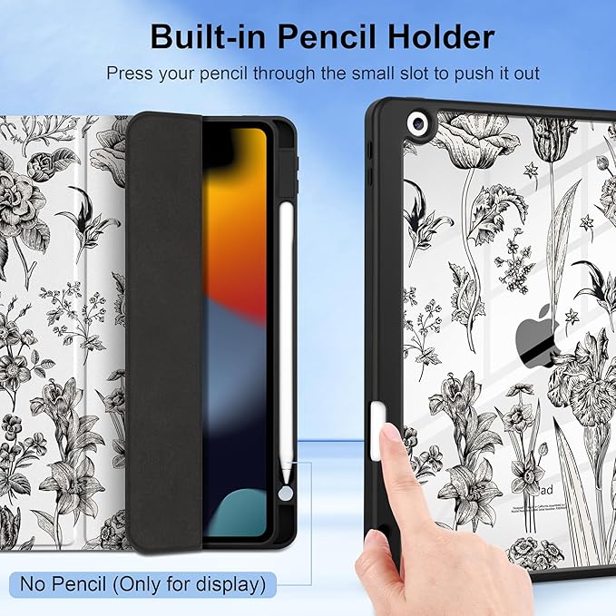 DONGKE for iPad 9th/8th/7th Generation Case 10.2 Inch (2021/2020/2019) [Auto Sleep/Wake &amp Pencil Holder] Clear Acrylic Back Trifold Stand Cover Black Florals