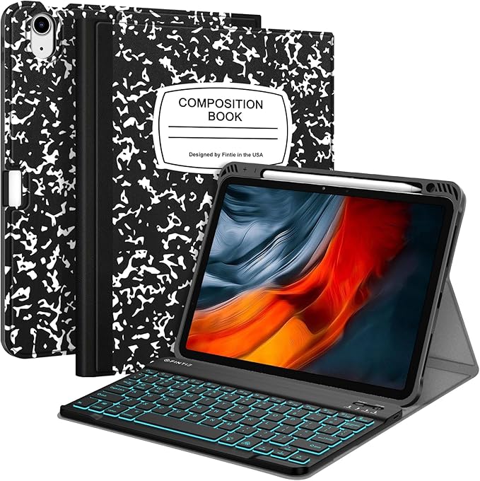 Fintie Backlit Keyboard Case for iPad Air 11-inch M4/M3/M2 (2026/2025/2024) iPad Air 5th/4th Gen 10.9 Inch - Soft TPU Cover with 7 Color Backlight Detachable Bluetooth Keyboard Composition Book