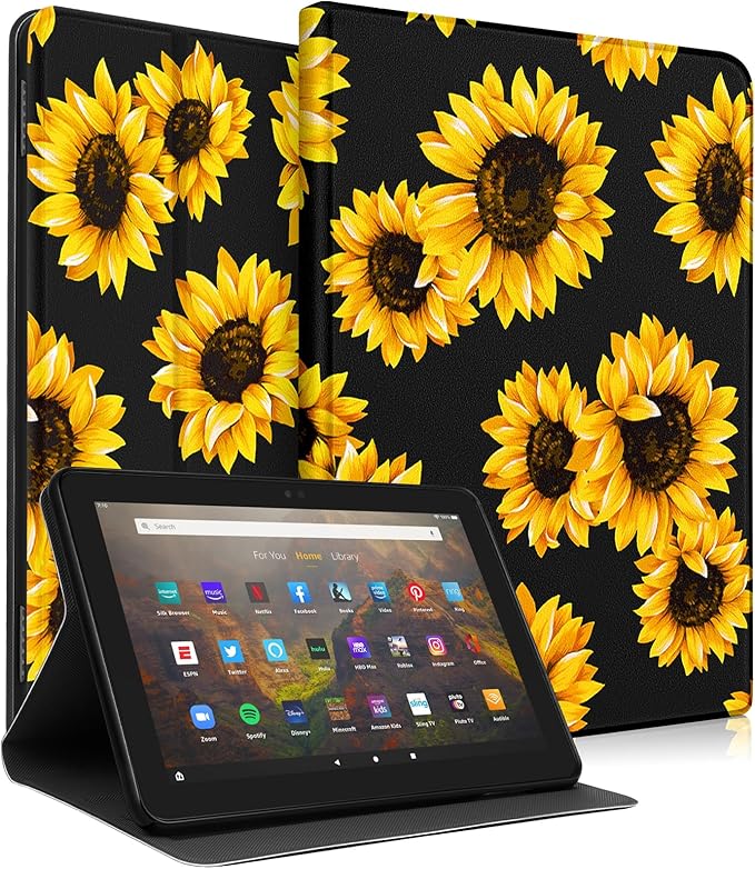 for Amazon Kindle Fire HD 8/8 Plus Tablet Case 10th/12th Generation for Women Girls Folio Cover Cute Fashion Design Girly Kawaii Black Sunflower Pretty Teen Cases for Kindle Fire Case 8 Inch