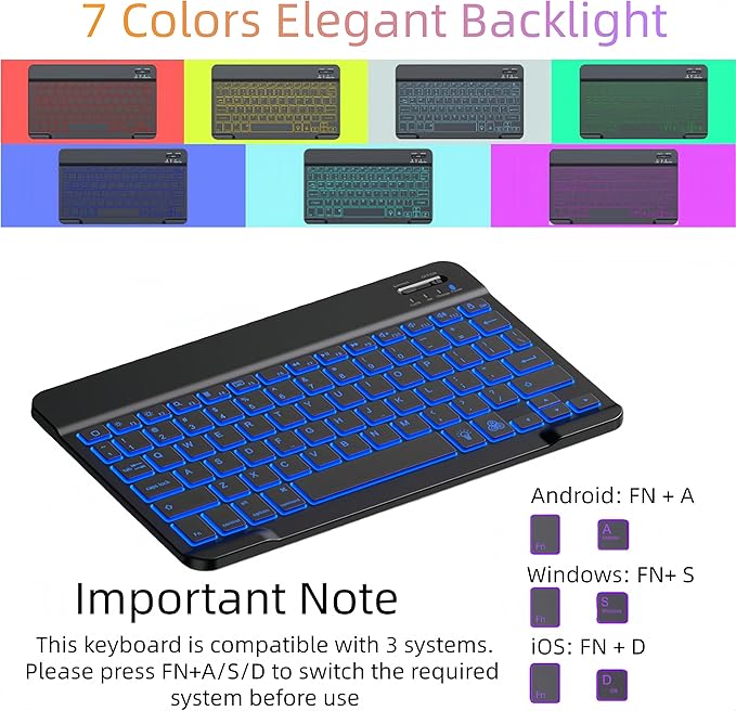 Keyboard Case for Samsung Galaxy Tab A8 10.5-inch 2021/2022 (SM-X200 SM-X205)–7-Color BacklitDetachable Wireless Bluetooth Keyboard Case Thin &amp Light with Built-in Pencil Holder with Mouse. (Bla