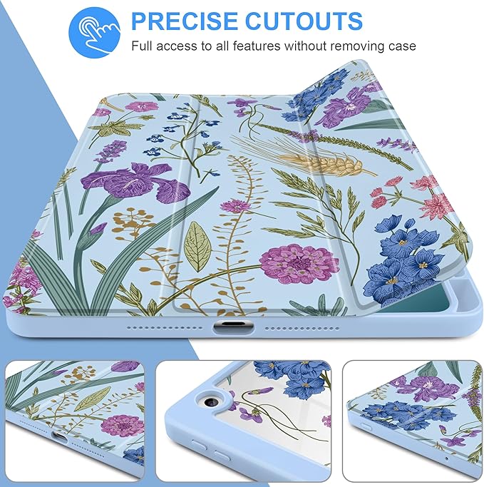 DONGKE for iPad 9th/8th/7th Generation Case 10.2 Inch (2021/2020/2019) [Auto Sleep/Wake &amp Pencil Holder] Clear Acrylic Back Trifold Stand Cover Blue Botanical Wildflower