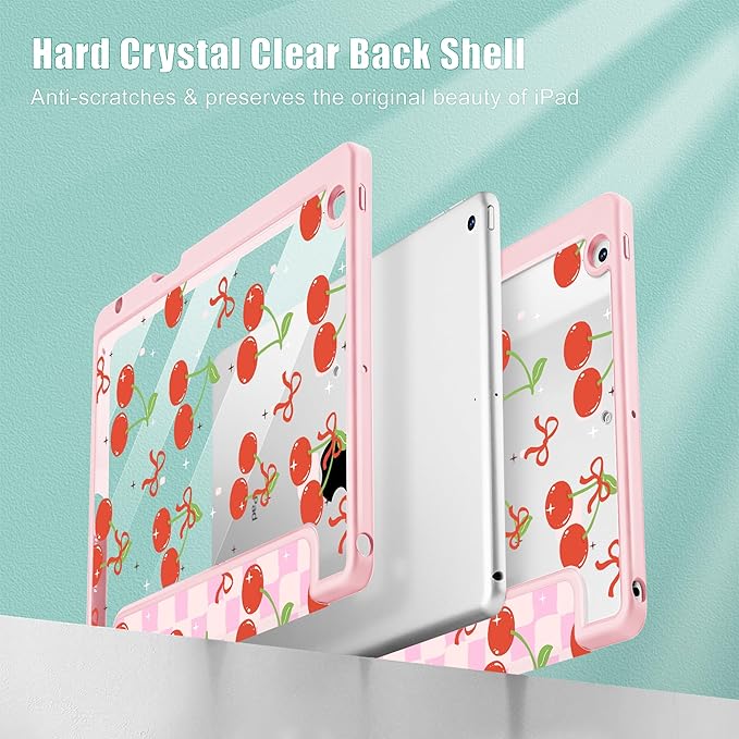 for iPad 9th Generation with Pencil Holder iPad 8th/7th Gen Case 10.2-inch [Built in Pencil Holder] Trifold Stand Auto Wake/Sleep Clear TPU Protection Back Cover Cherries and Bow