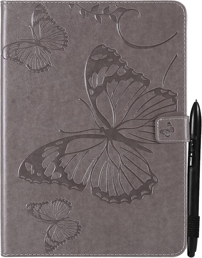 for Kindle Fire HD 10 &amp HD 10 Plus Case 13th/11th Generation 10.1 (2023/2021) Stand Embossed PU Leather Magnetic Wallet Cover with Pencil Holder/Pockets [Auto Wake/Sleep] Gray Butterfly