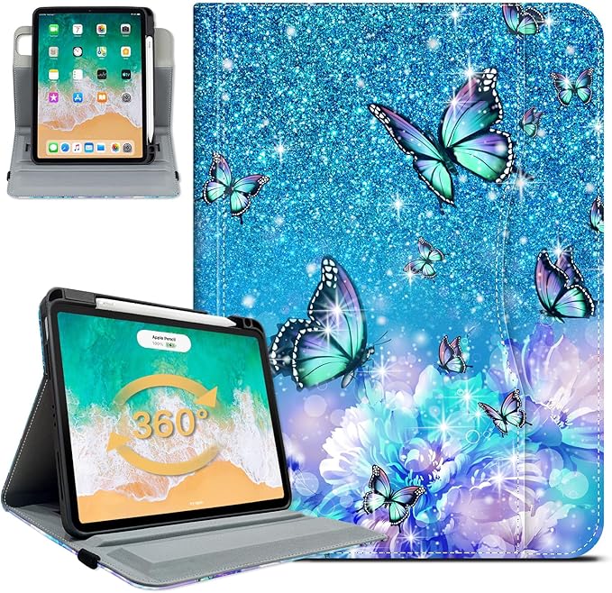 Rotating iPad Air 11-Inch Case M4/M3/M2 Case for iPad Air 5th/4th Generation 10.9 Inch360 Swivel Multi-Angle Adjustable Stand Pencil Holder/Pocket/Hand Strap iPad Pro 11-inch case Flowers Butterfly