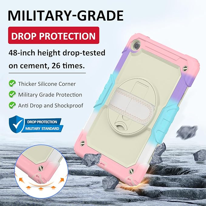 Ambison Case for Samsung Galaxy Tab A9+ Plus 11'' 2023 [Kids Proof] Full Body Protective Case with 9H Tempered Glass Screen Protector 360° Rotatable Kickstand &amp Hand Strap (Light Pink)