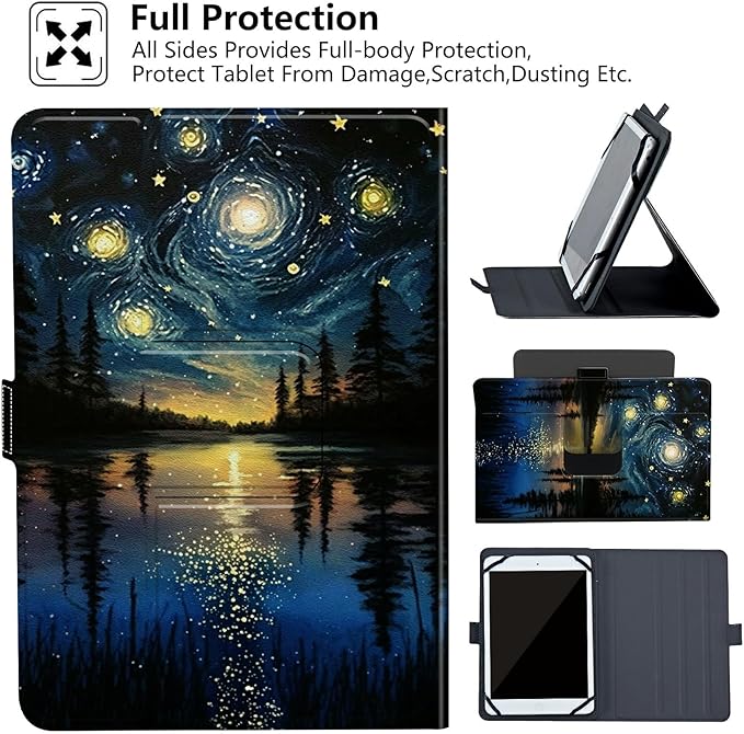 Rossy Universal Tablet Case 8 inch 9 inch PU Leather Stand Folio Protective Cover for 8-9 Tablet Shell Case with 360 Degree Rotatable Kickstand and Multiple Viewing AnglesArt Starry Night