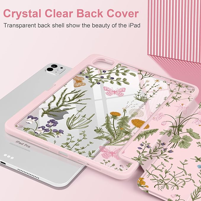 DONGKE for iPad Pro 11-Inch Case (M5 2025 / M4 2024) 6th/5th Generation [Auto Sleep/Wake &amp Pencil Pro Holder] Clear Acrylic Back Smart Trifold Stand Cover Wildflower &amp Butterfly