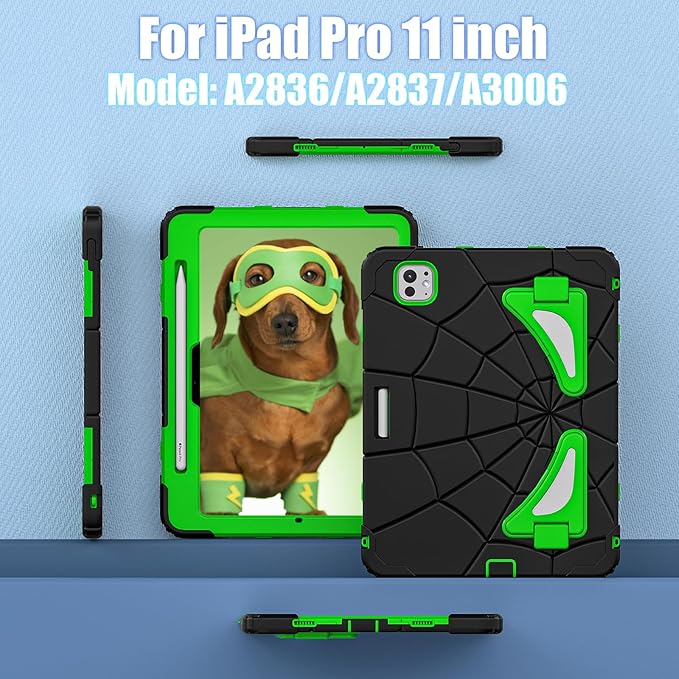 Compatible with Apple iPad Pro 11(2024) 11 inch Tablet CaseLightweight Shockproof Rugged Protective Cover with Kickstand for Kids Children Boys Babies Dark Green