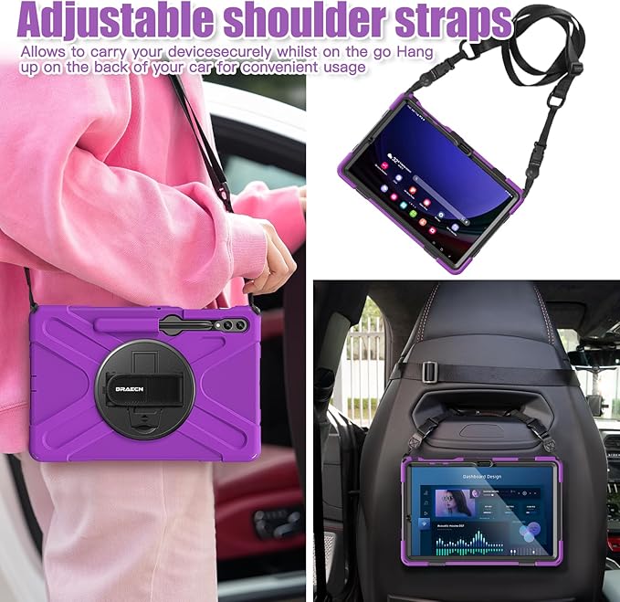 BRAECNstock for Samsung Galaxy Tab S10+ Plus/ S9 FE+ Plus/ S9+ Plus/ S8+ Plus/ S7 FE/ S7+ Plus 5G Tablet Case 12.4 Shockproof Protective Kids Case with Pen Holder Rotating Hand Strap &amp Stand - Pu