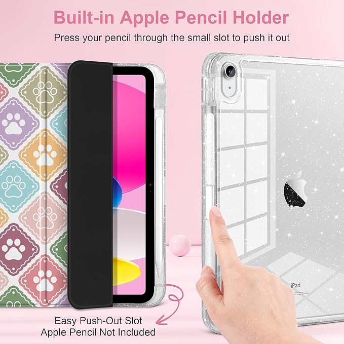 MEEgoodo Case for iPad A16 11th Generation 2025/10th Generation 2022 Glitter Tablet Cases with Transparent Acrylic Back+Trifold Stand +Pencil Holder+Auto Wake/SleepDog Paw &amp Checked