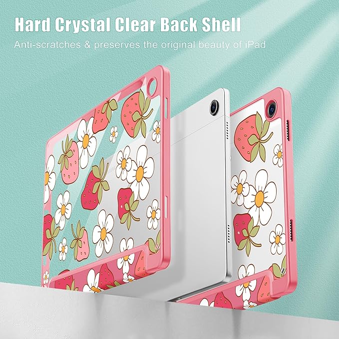 Tuiklol for Samsung Galaxy Tab A9+ Tablet 11” / A9+ Plus 2024 2023Buit-in S-Pen Holder with Clear Protective Cover Transparent Back Shell Auto Wake/Sleep Samsung Tab A9 Plus CoverStrawberries
