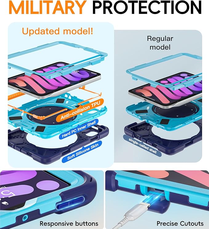 BATYUE Case for iPad mini 7 (A17 Pro) 2024/ iPad mini 6 (A15 Bionic) 2021 8.3 inch Shockproof Case for iPad mini 7th/6th Gen with Pencil Holder/ 360° Swivel Stand/Shoulder Strap - Navy Blue
