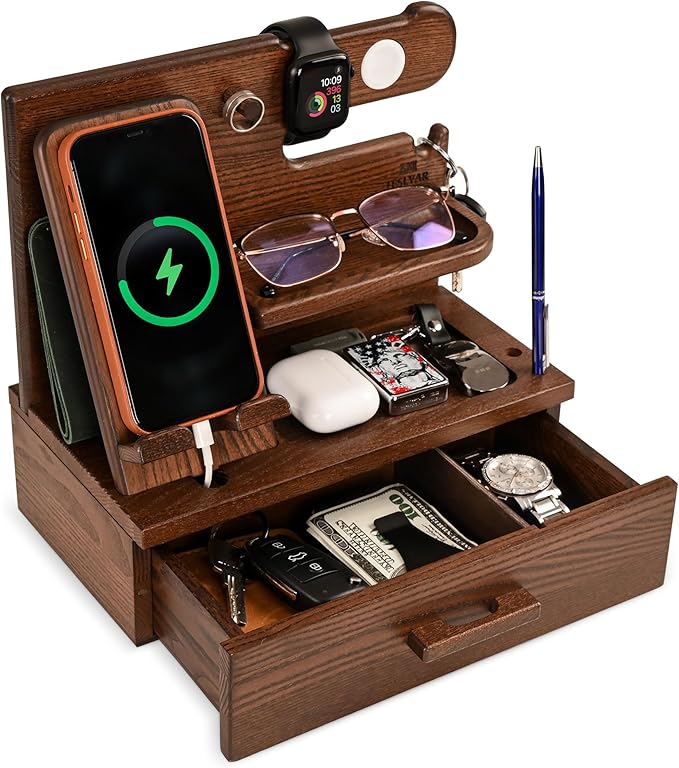 TESLYAR Wood Phone Docking Station with Drawer - Nightstand Organizer - Desk Organizer for Husband - Birthday Gifts for Men Dad Anniversary Idea Key Holder Stand Watch &amp Accessories (Bourbon Br