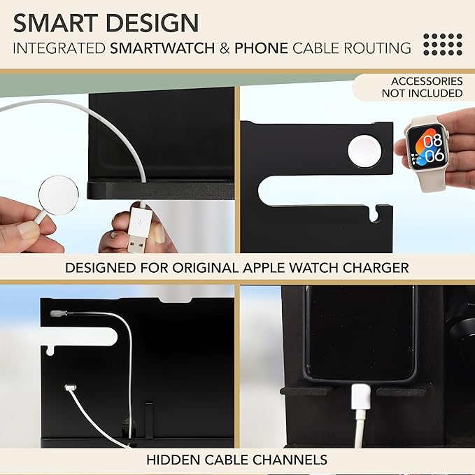 Nightstand Organizer- Bedside Docking Station for Men- Unique Gifts for Husband Father or Dad from Wife Son or Daughter- Desk Organizer for Phone Watches Wallet &amp Accessories (Black)