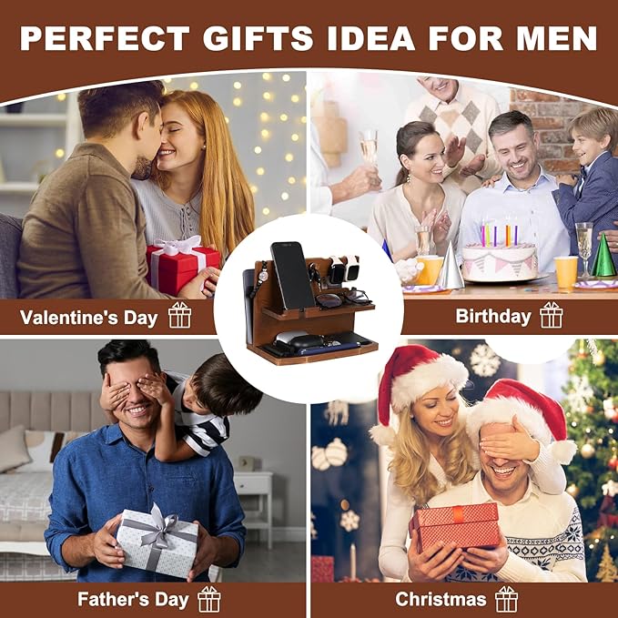 Gifts for Men Desk or Nightstand Organizer - Wood Phone Docking Station - Birthday Gifts for Husband Fathers Day for Dad - Anniversary Idea from Wife - Key Holder Stand Wallet Watch &amp Essential