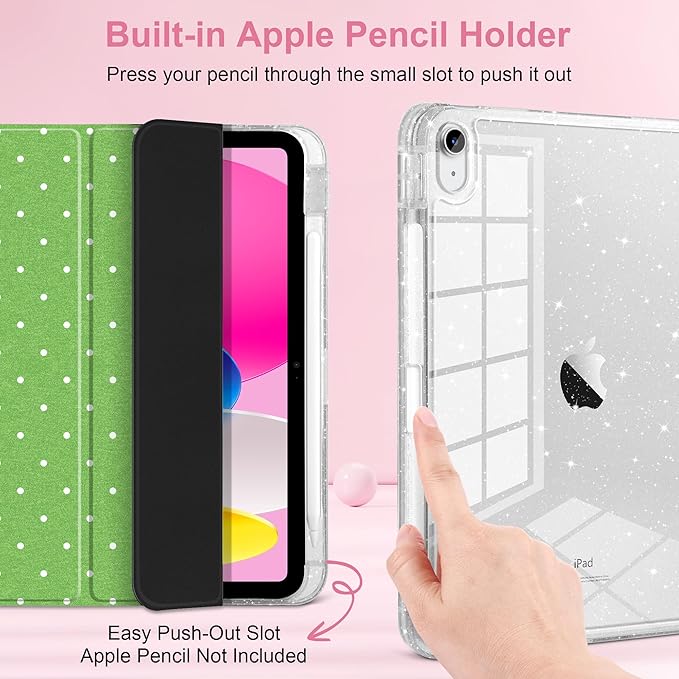 MEEgoodo Case for iPad A16 11th Generation 2025/10th Generation 2022 Glitter Tablet Cases with Transparent Acrylic Back+Trifold Stand +Pencil Holder+Auto Wake/SleepWhite Dots and Green