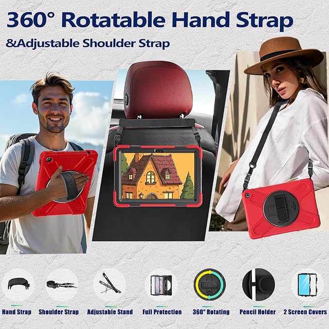 Weuiean Case for 10/10 Plus 13th Generation 10.1 2023 Military-Grade Heavy-Duty Shockproof Cover with 360° Rotating Stand Built-in Pencil Holder &amp Adjustable Hand/Shoulder Strap - Red