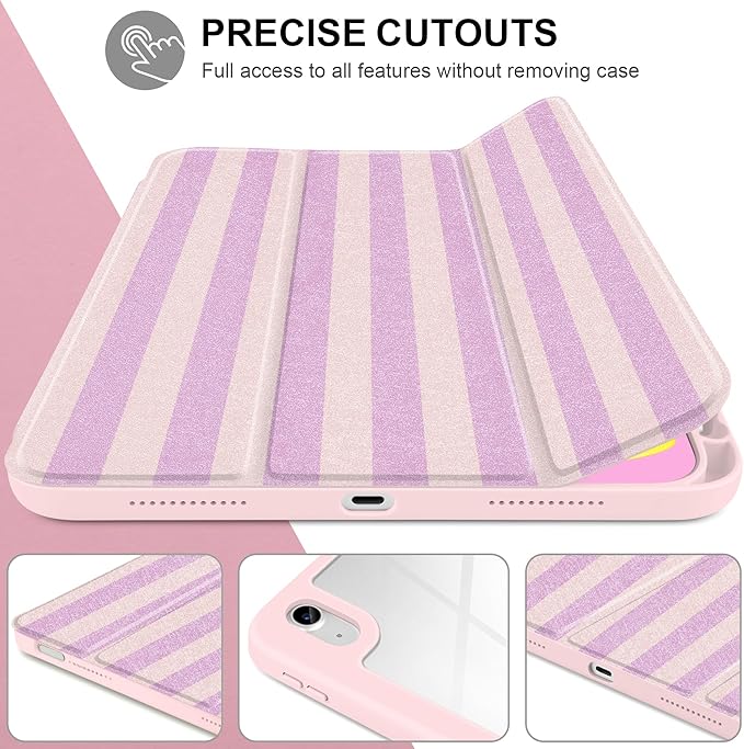 DONGKE Case for iPad (A16) 11th Generation 11 inch 2025 &amp iPad 10th Gen 10.9 inch 2022 [Built-in Pencil Holder] Clear Acrylic Back Trifold Stand Smart Cover Auto Sleep/Wake Pink Stripes